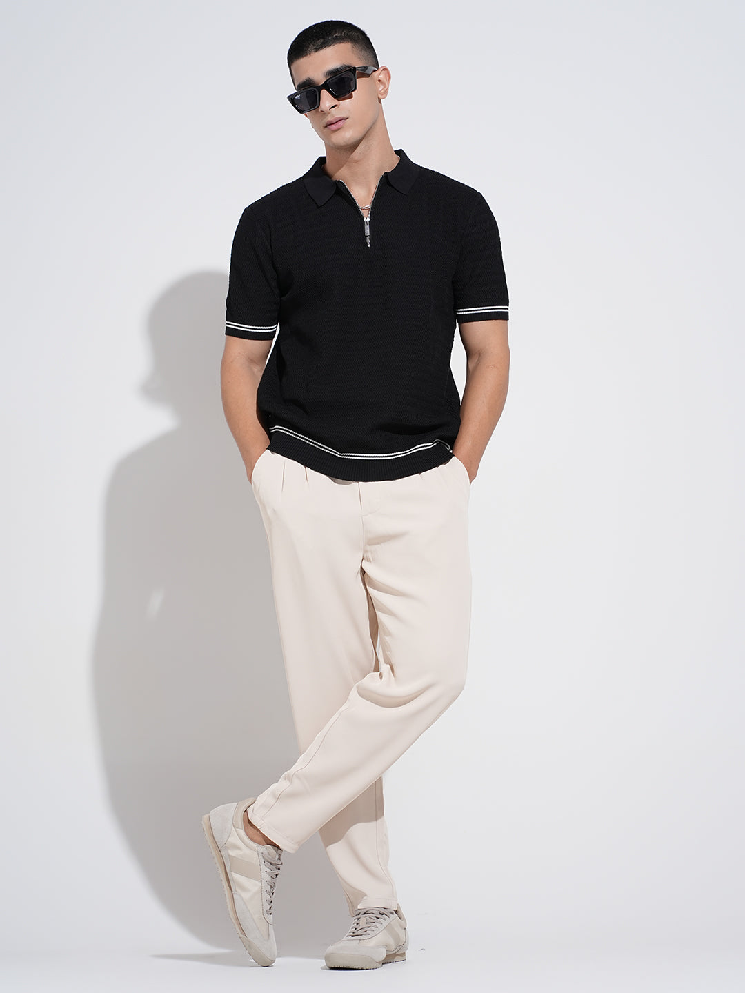 Men's Pleated Cream Regular Fit Trousers with Elasticated Waist and Drawstring