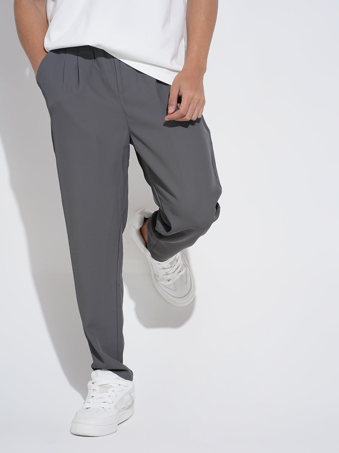 Men's Pleated Grey Regular Fit Trousers with Elasticated Waist and Drawstring