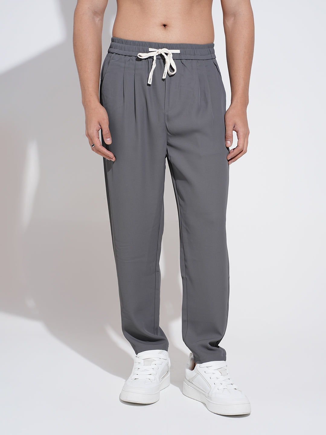 Men's Pleated Grey Regular Fit Trousers with Elasticated Waist and Drawstring