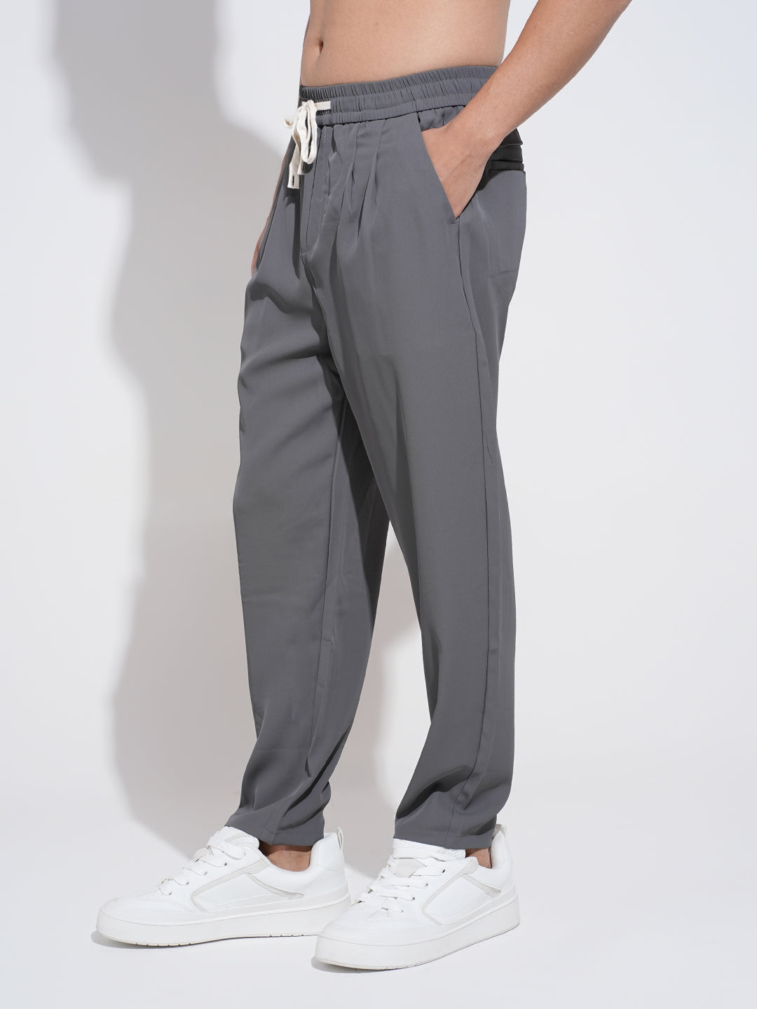 Men's Pleated Grey Regular Fit Trousers with Elasticated Waist and Drawstring