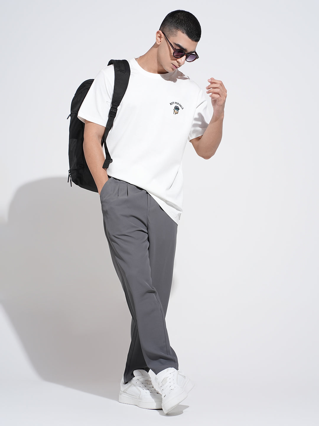 Men's Pleated Grey Regular Fit Trousers with Elasticated Waist and Drawstring