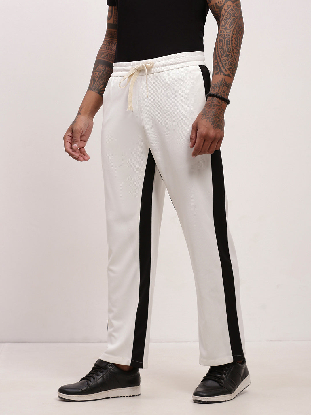 Men's Straight Fit Black & White Trousers with Contrast Side Panels