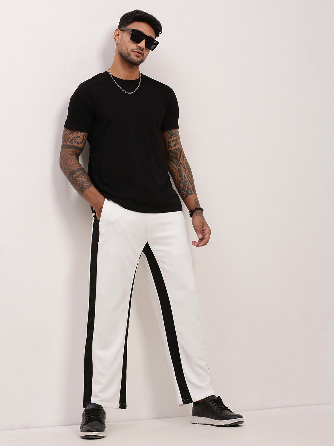 Men's Straight Fit Black & White Trousers with Contrast Side Panels