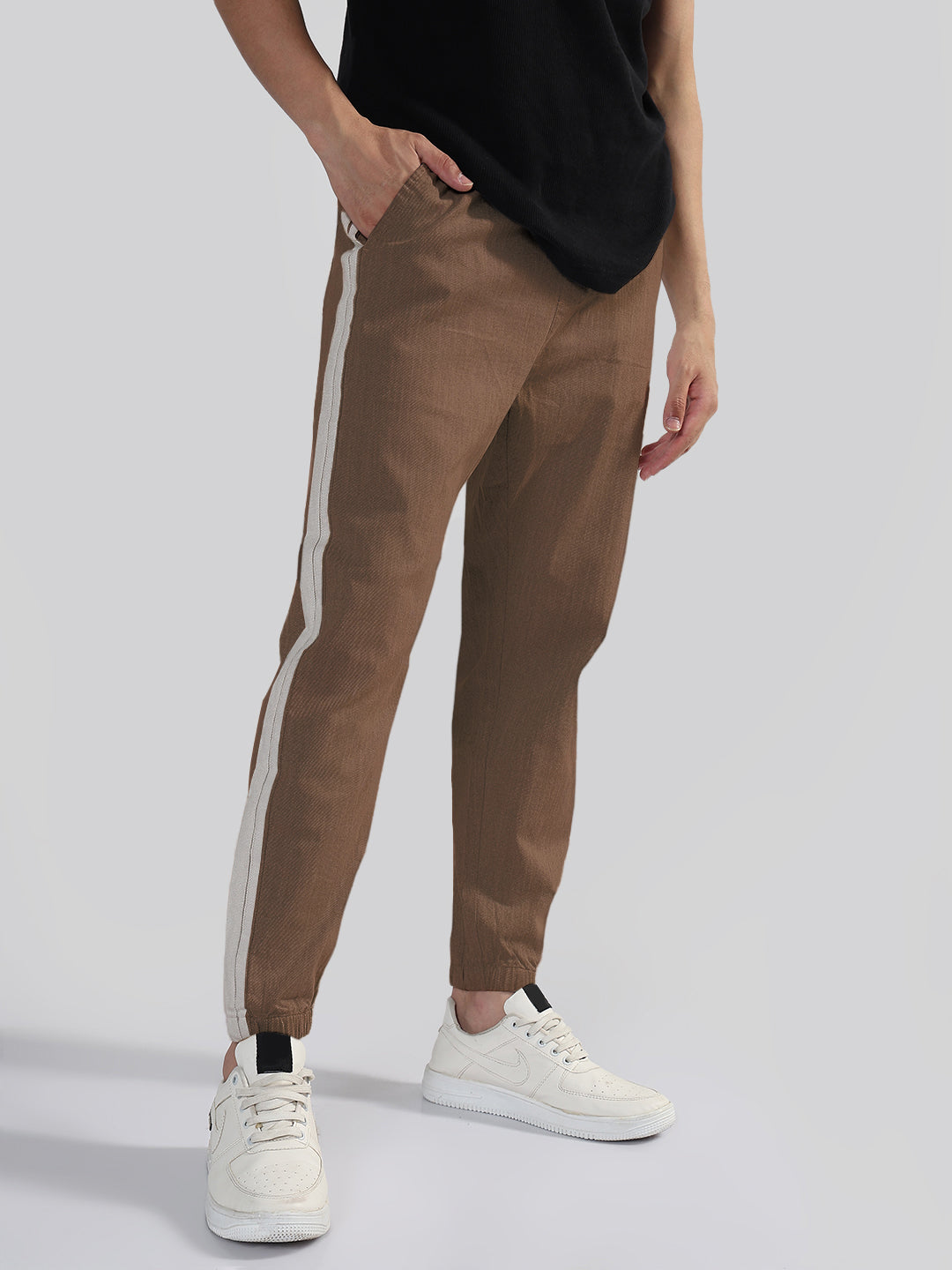 Men's Brown Slim Fit Linen Joggers with Side Strips