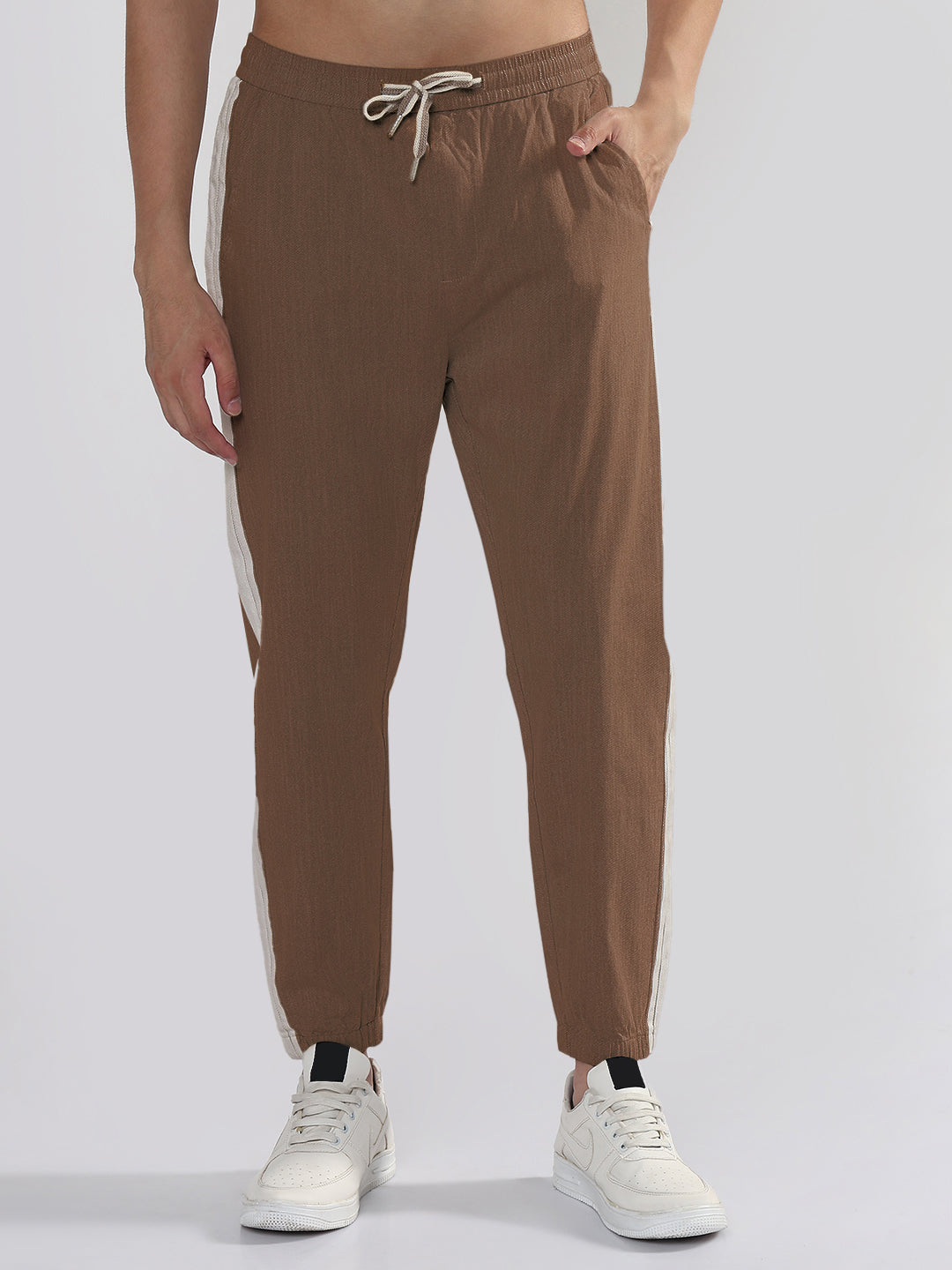 Men's Brown Slim Fit Linen Joggers with Side Strips