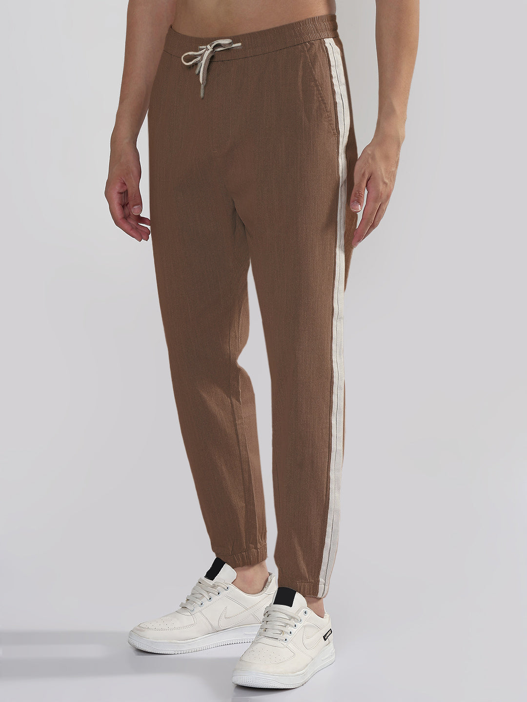 Men's Brown Slim Fit Linen Joggers with Side Strips