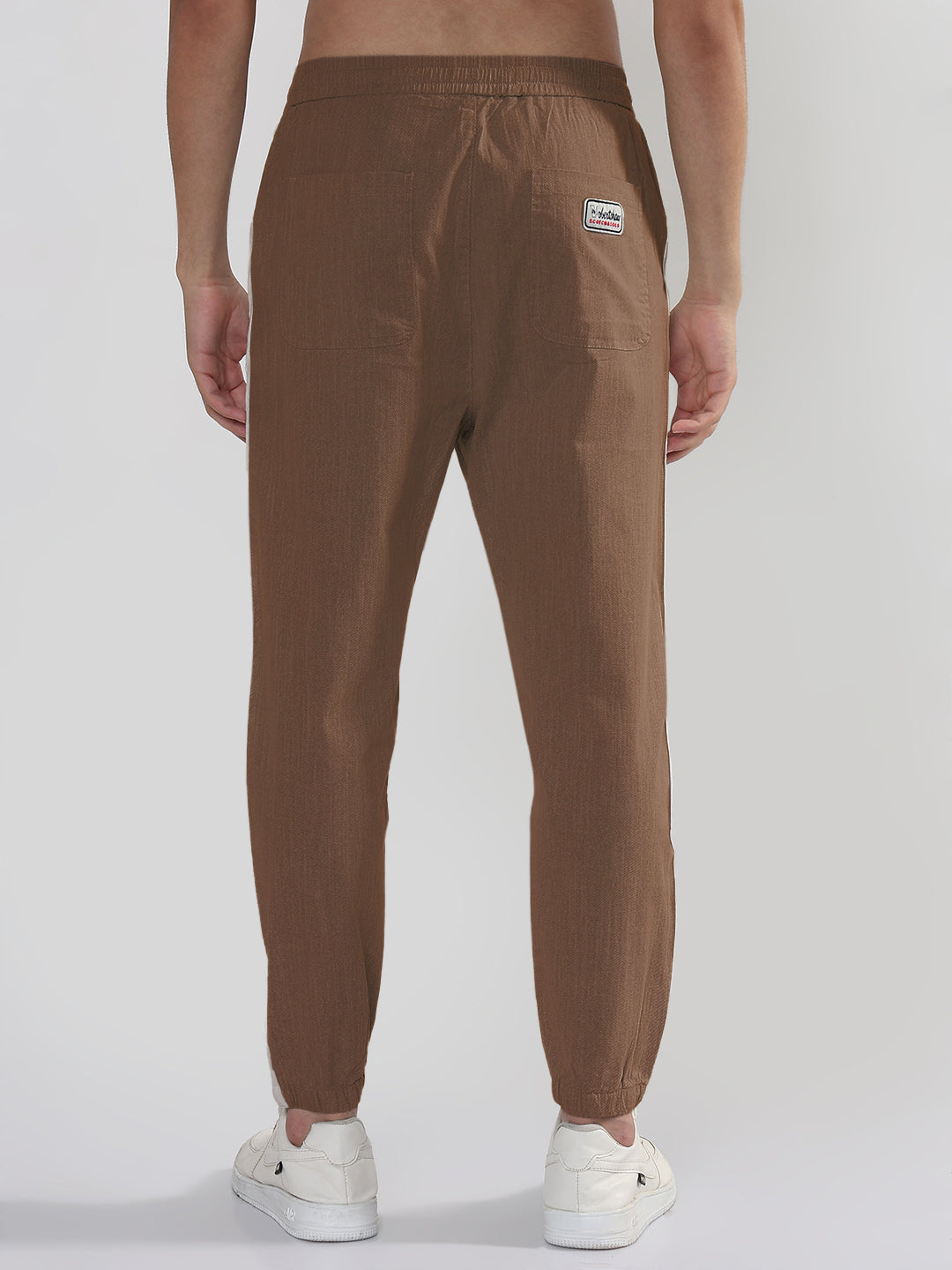 Men's Brown Slim Fit Linen Joggers with Side Strips