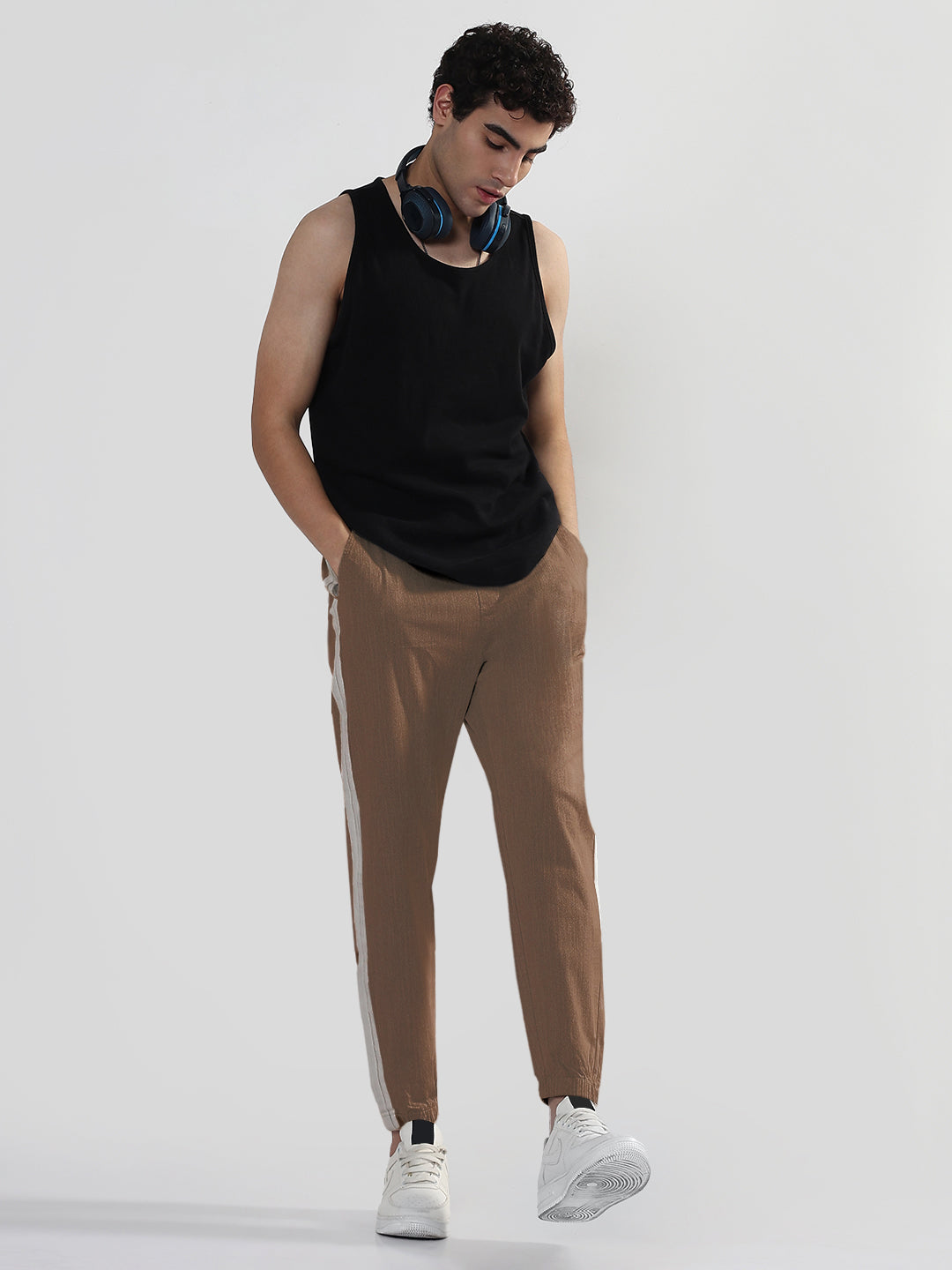 Men's Brown Slim Fit Linen Joggers with Side Strips