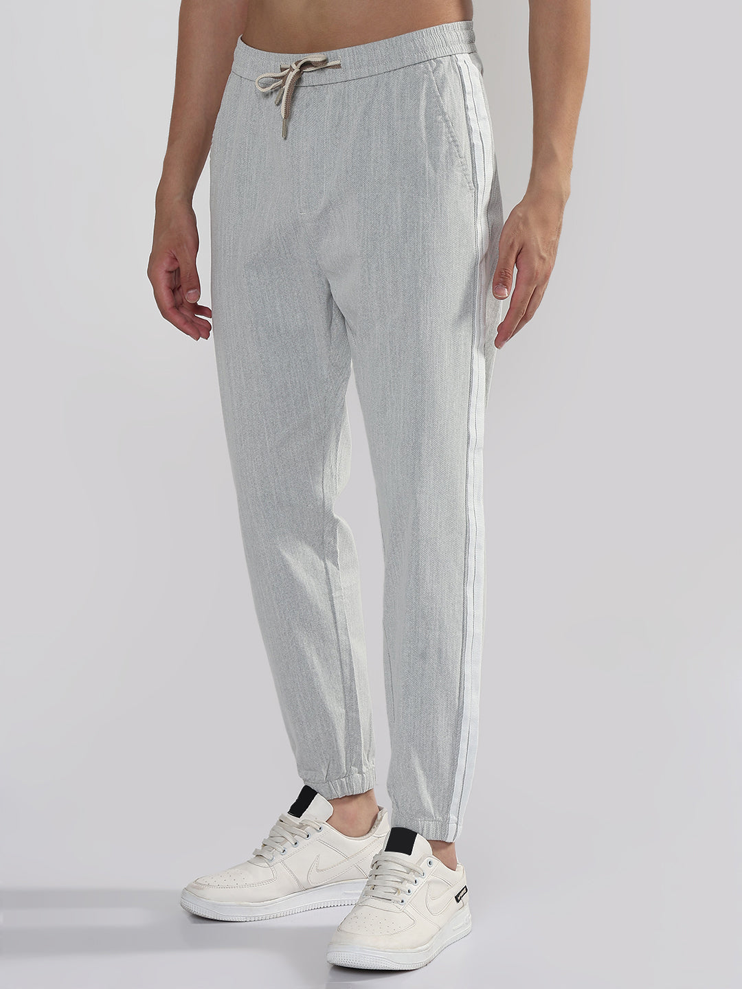 Men's Grey Slim Fit Linen Joggers with Side Strips