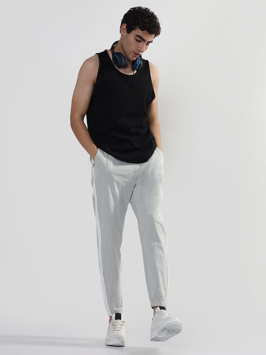 Men's Grey Slim Fit Linen Joggers with Side Strips