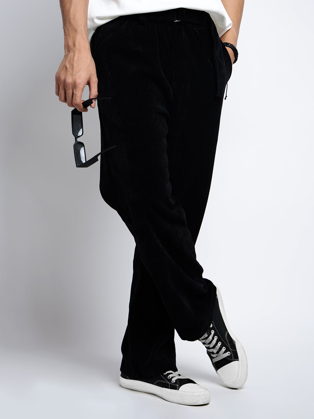 Men's Corduroy Black Straight Fit Trousers with Fabric Belt