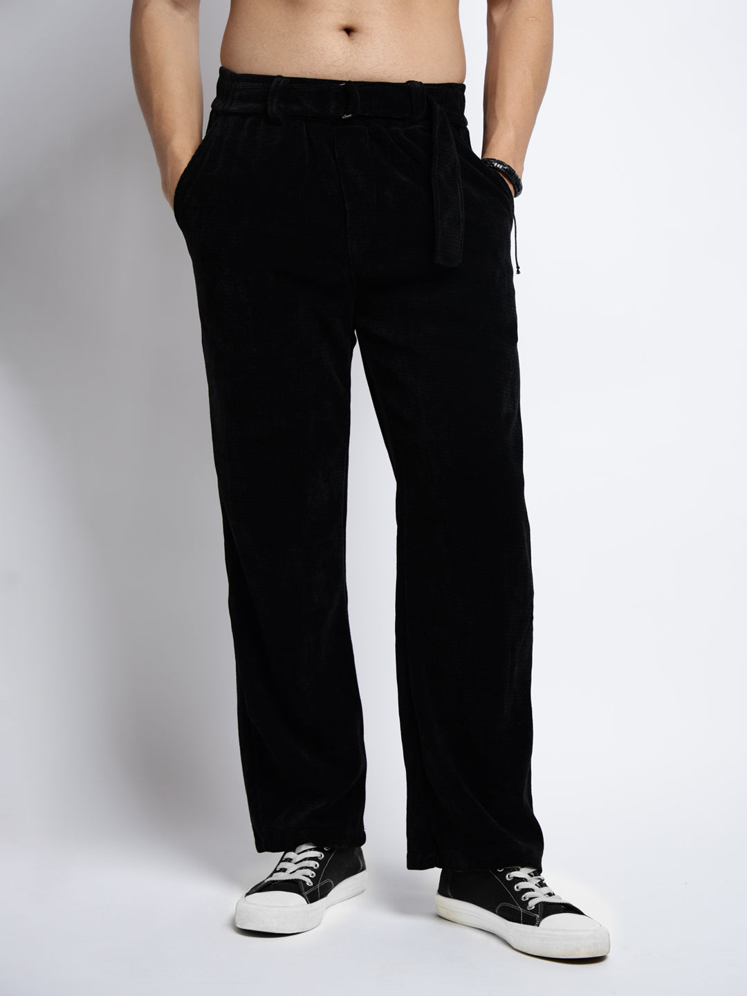Men's Corduroy Black Straight Fit Trousers with Fabric Belt