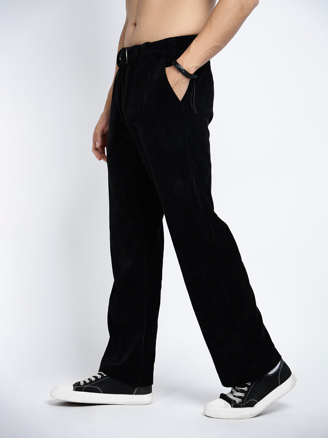 Men's Corduroy Black Straight Fit Trousers with Fabric Belt