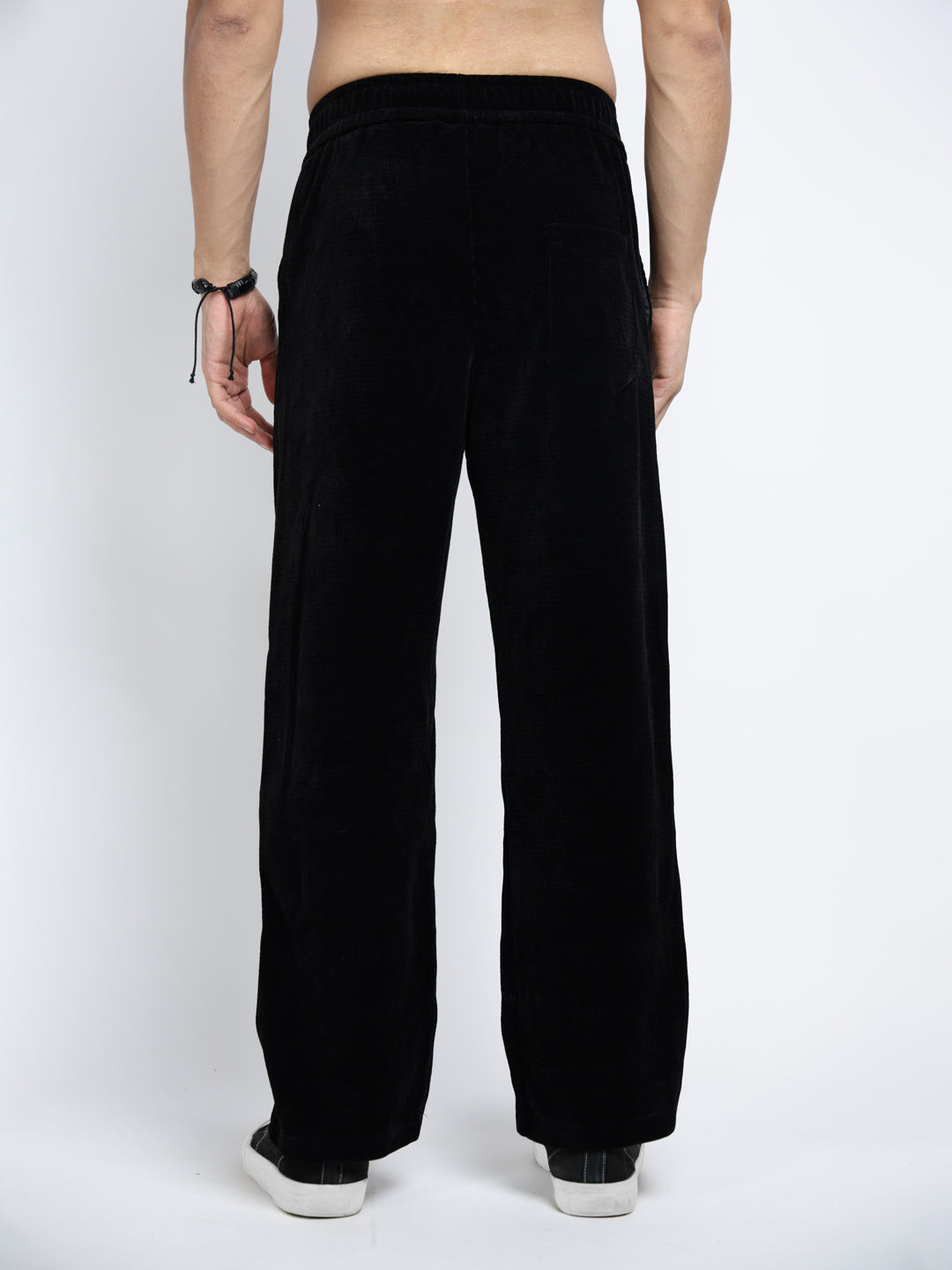 Men's Corduroy Black Straight Fit Trousers with Fabric Belt