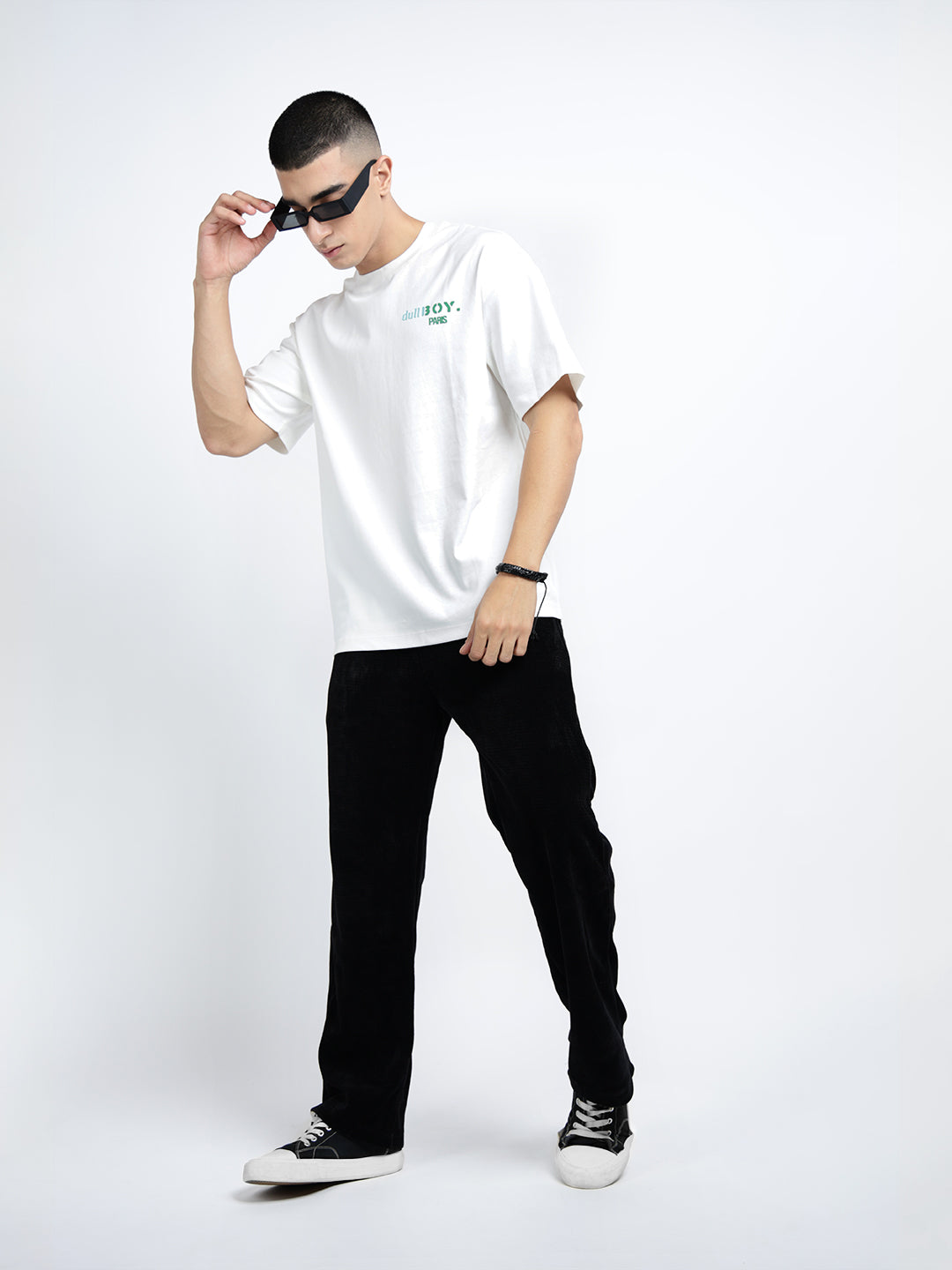 Men's Corduroy Black Straight Fit Trousers with Fabric Belt