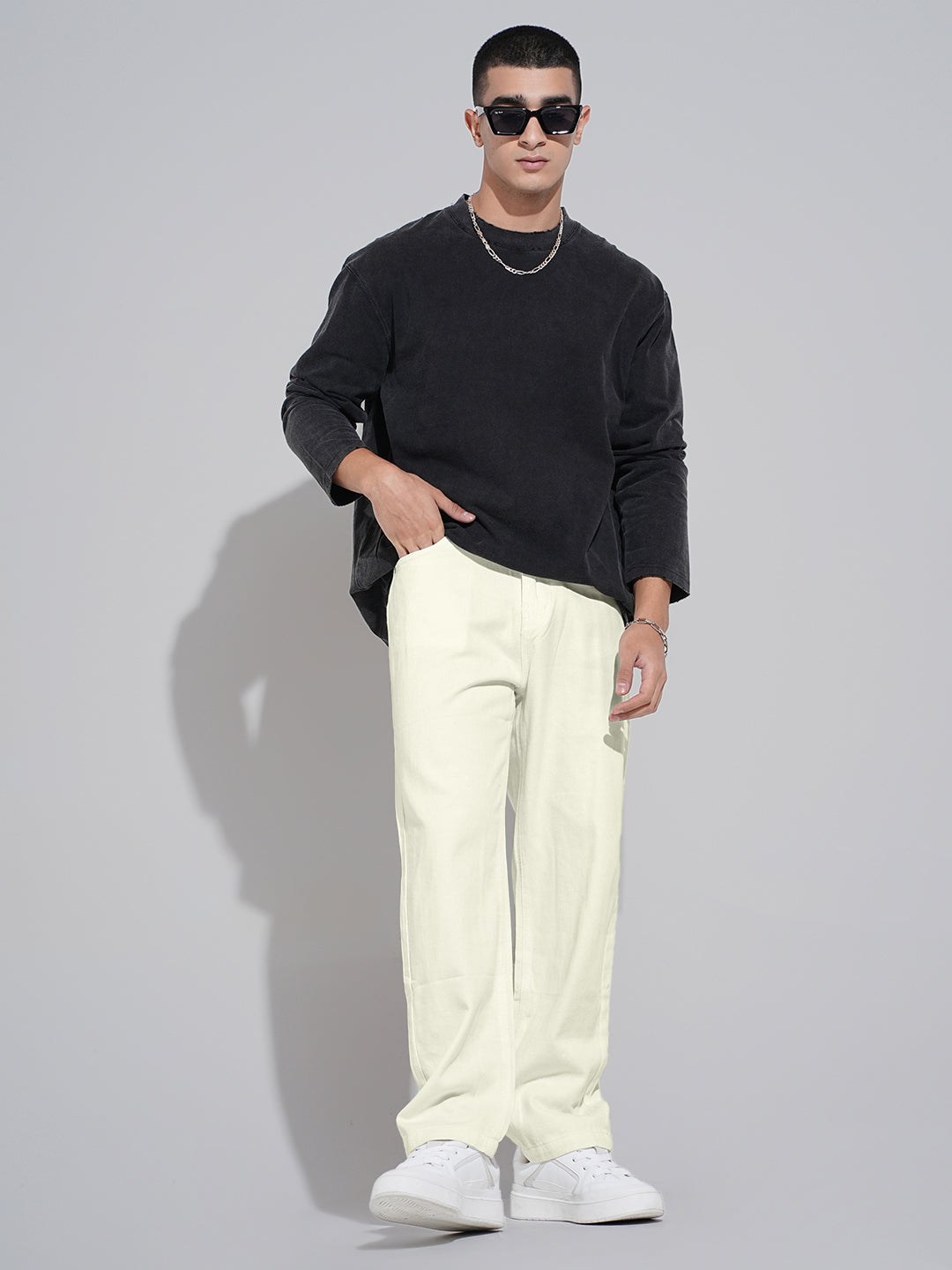 Men's Cream Straight Fit Denim Jeans