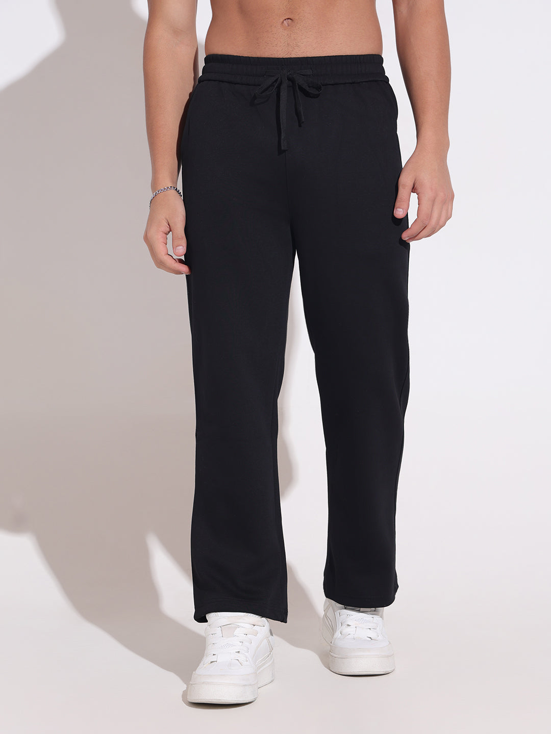 Men's Black Straight Fit Trousers with Elasticated Waist