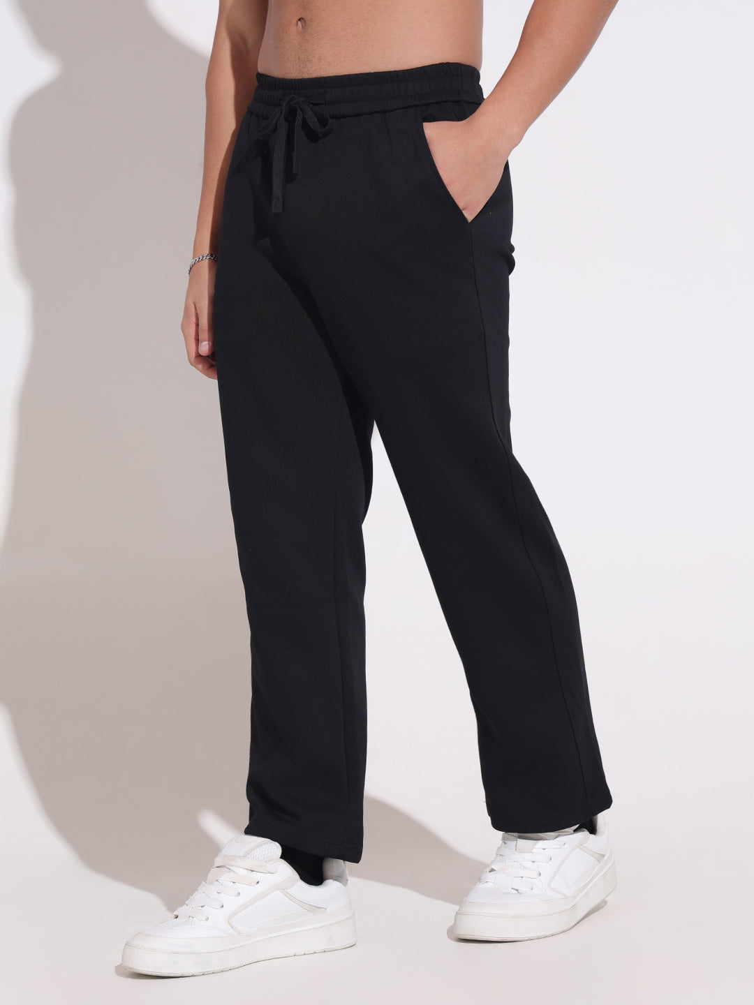 Men's Black Straight Fit Trousers with Elasticated Waist