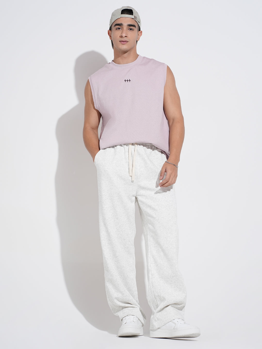 Men's Grey Relaxed Fit Trousers with Elasticated Waist and Drawstring