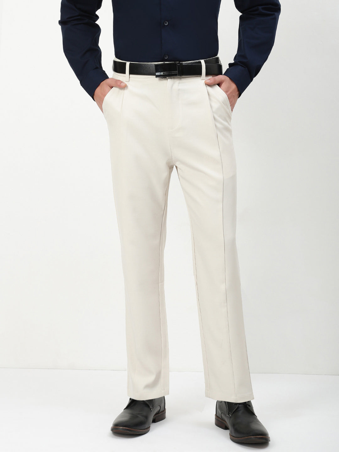 Men Cream Solid Slim Fit Formal Trousers