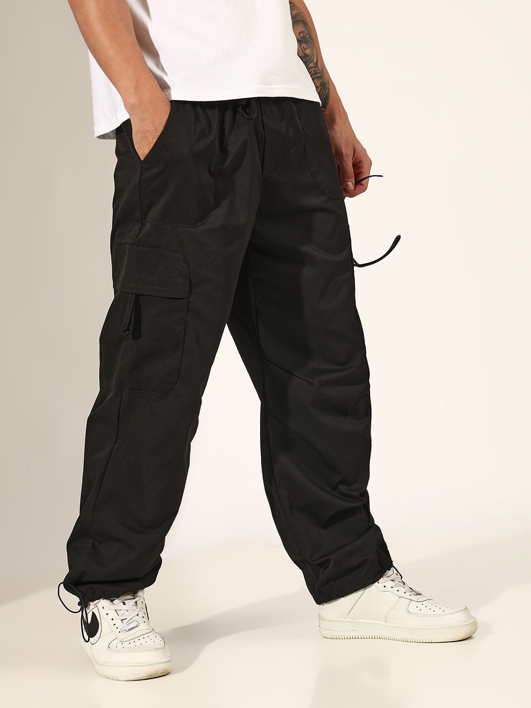 Men's Black Relaxed Fit Cargo Trousers with Adjustable Toggle Hem