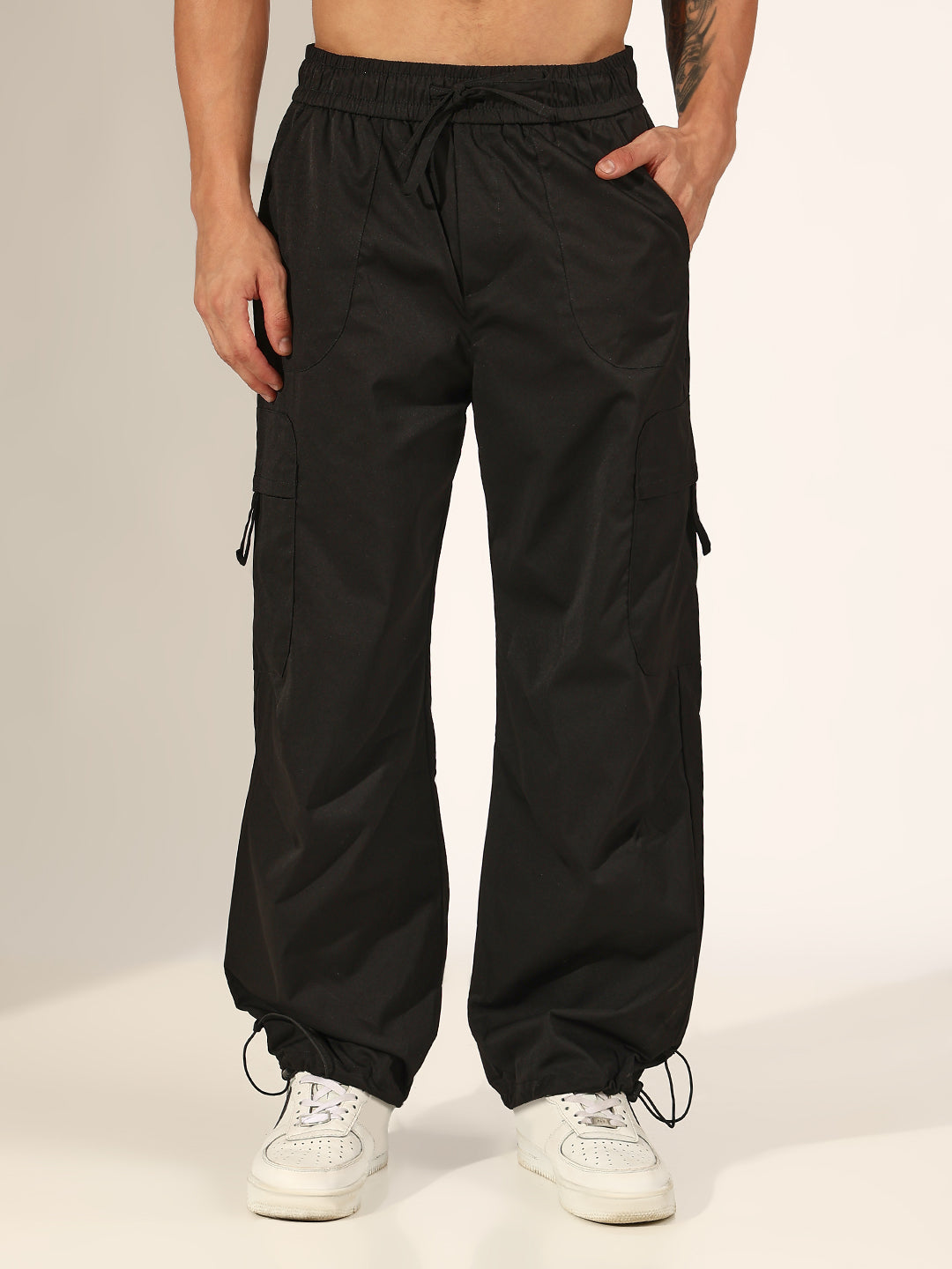 Men's Black Relaxed Fit Cargo Trousers with Adjustable Toggle Hem