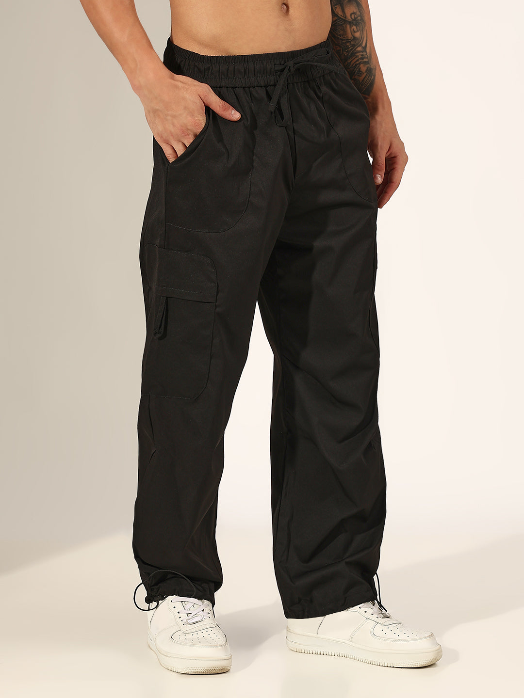Men's Black Relaxed Fit Cargo Trousers with Adjustable Toggle Hem