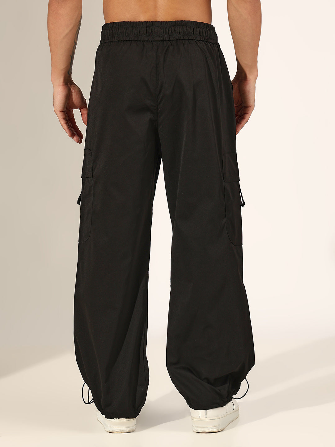 Men's Black Relaxed Fit Cargo Trousers with Adjustable Toggle Hem