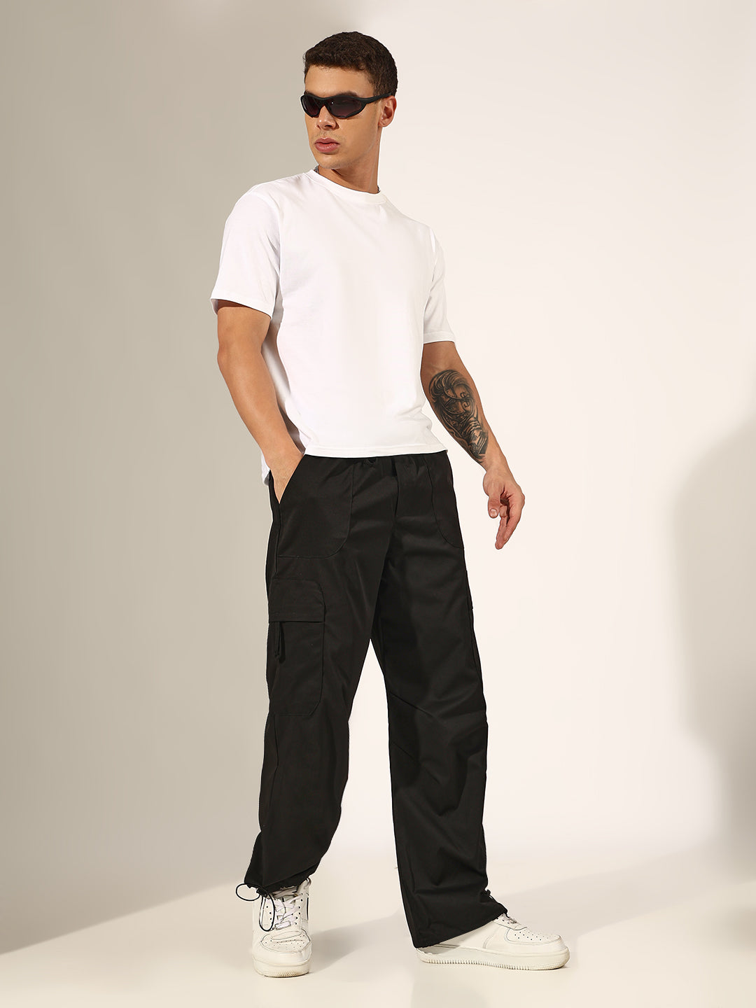 Men's Black Relaxed Fit Cargo Trousers with Adjustable Toggle Hem