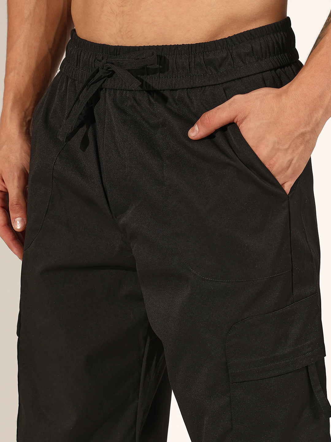Men's Black Relaxed Fit Cargo Trousers with Adjustable Toggle Hem