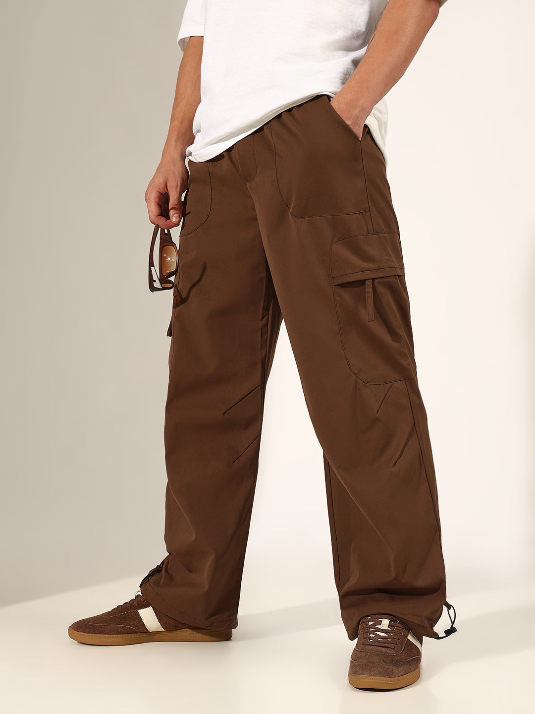 Men's Brown Relaxed Fit Cargo Trousers with Adjustable Toggle Hem