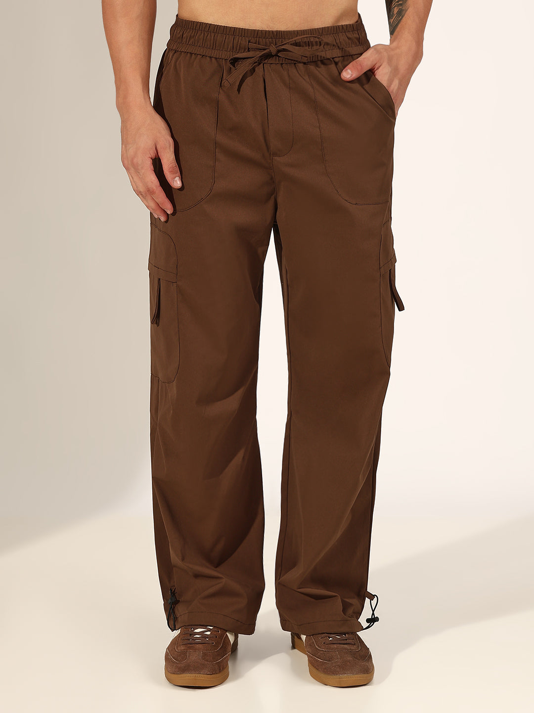 Men's Brown Relaxed Fit Cargo Trousers with Adjustable Toggle Hem