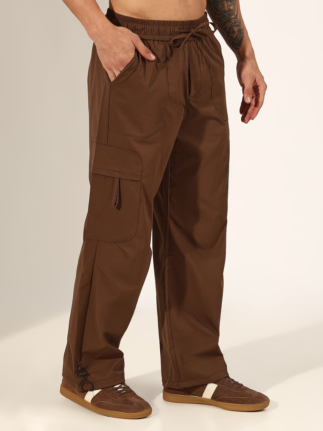 Men's Brown Relaxed Fit Cargo Trousers with Adjustable Toggle Hem