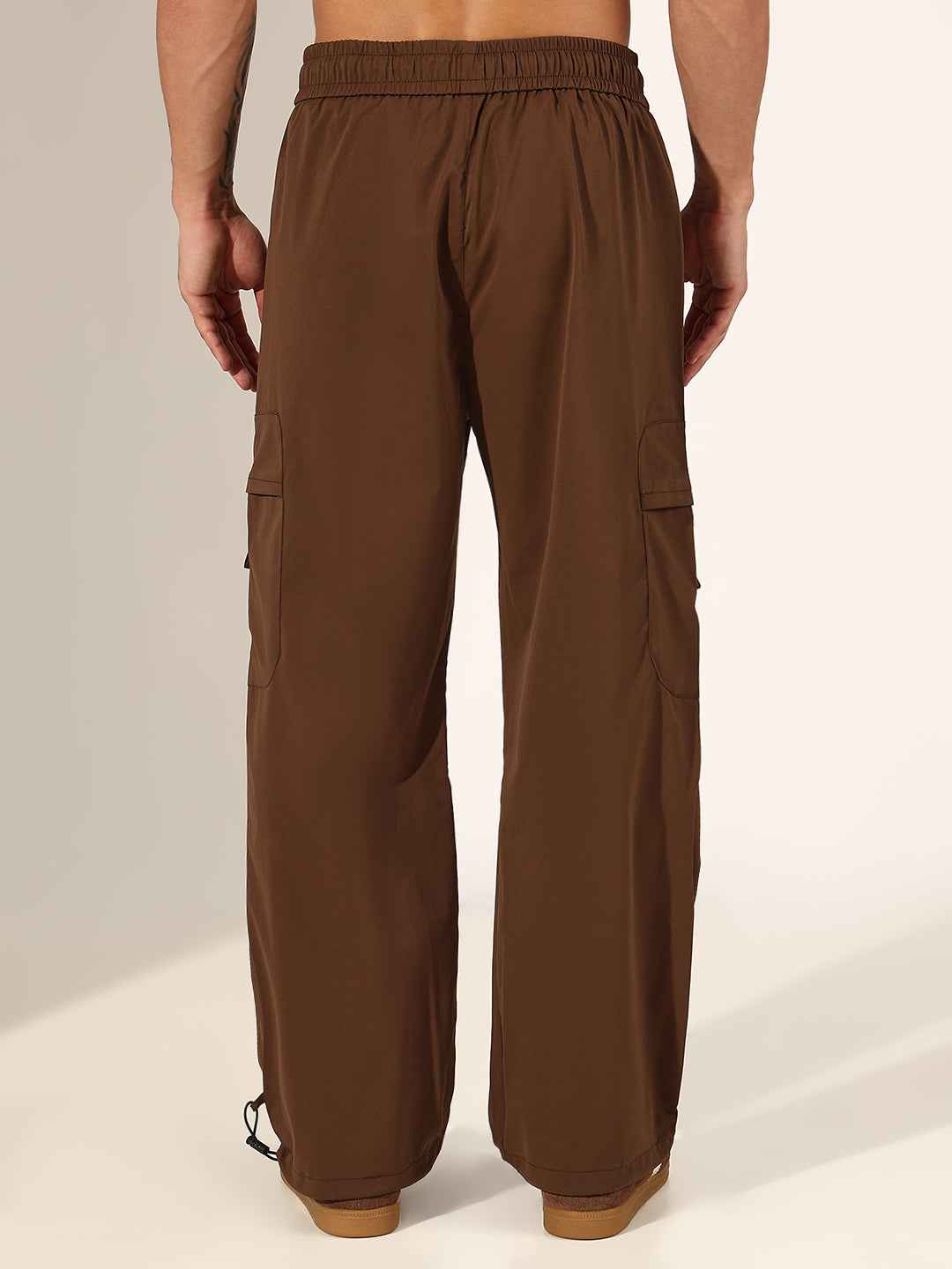 Men's Brown Relaxed Fit Cargo Trousers with Adjustable Toggle Hem