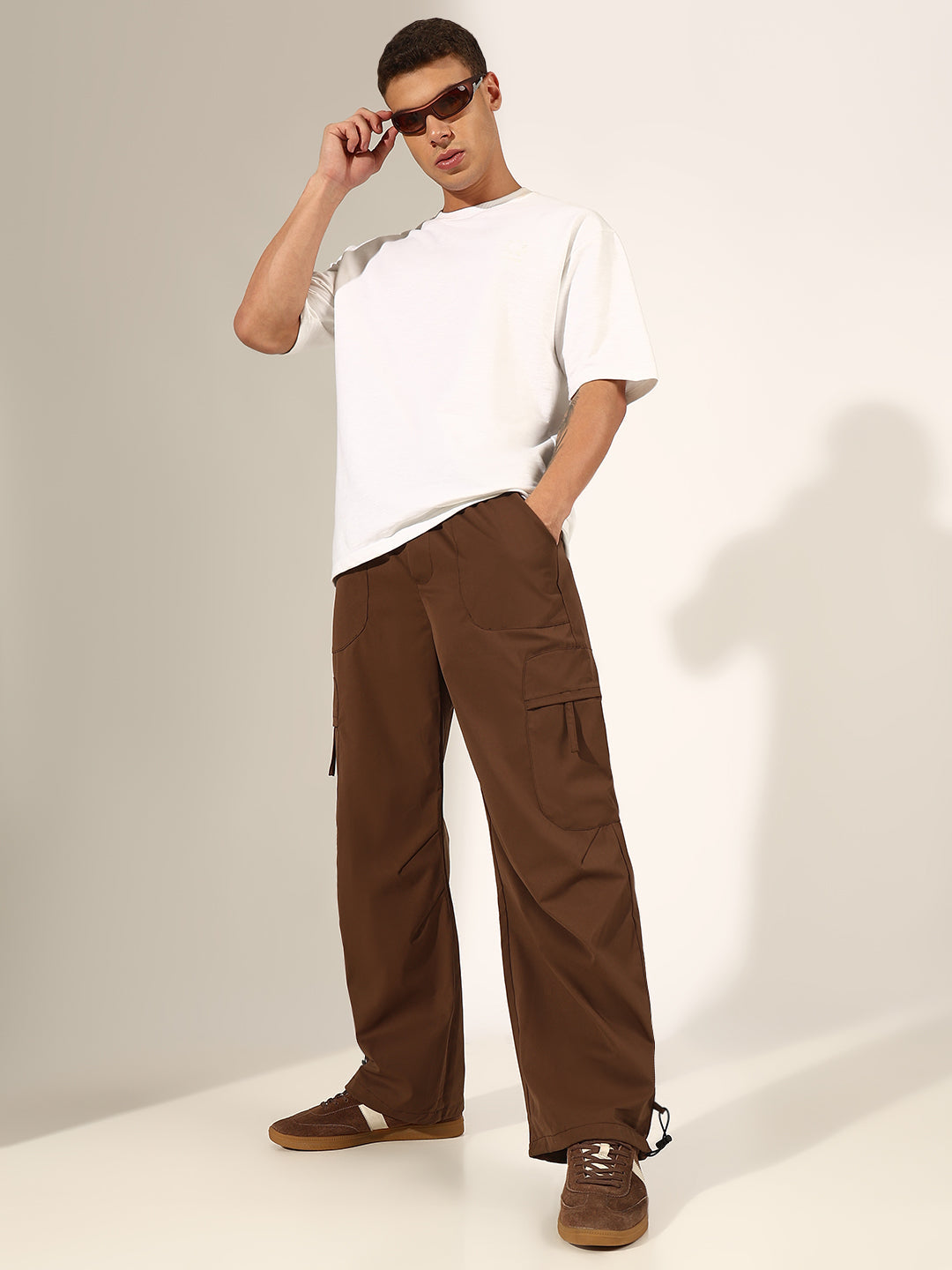 Men's Brown Relaxed Fit Cargo Trousers with Adjustable Toggle Hem