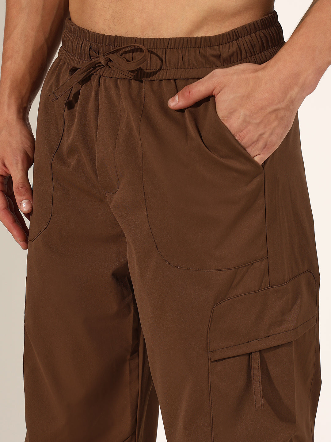 Men's Brown Relaxed Fit Cargo Trousers with Adjustable Toggle Hem