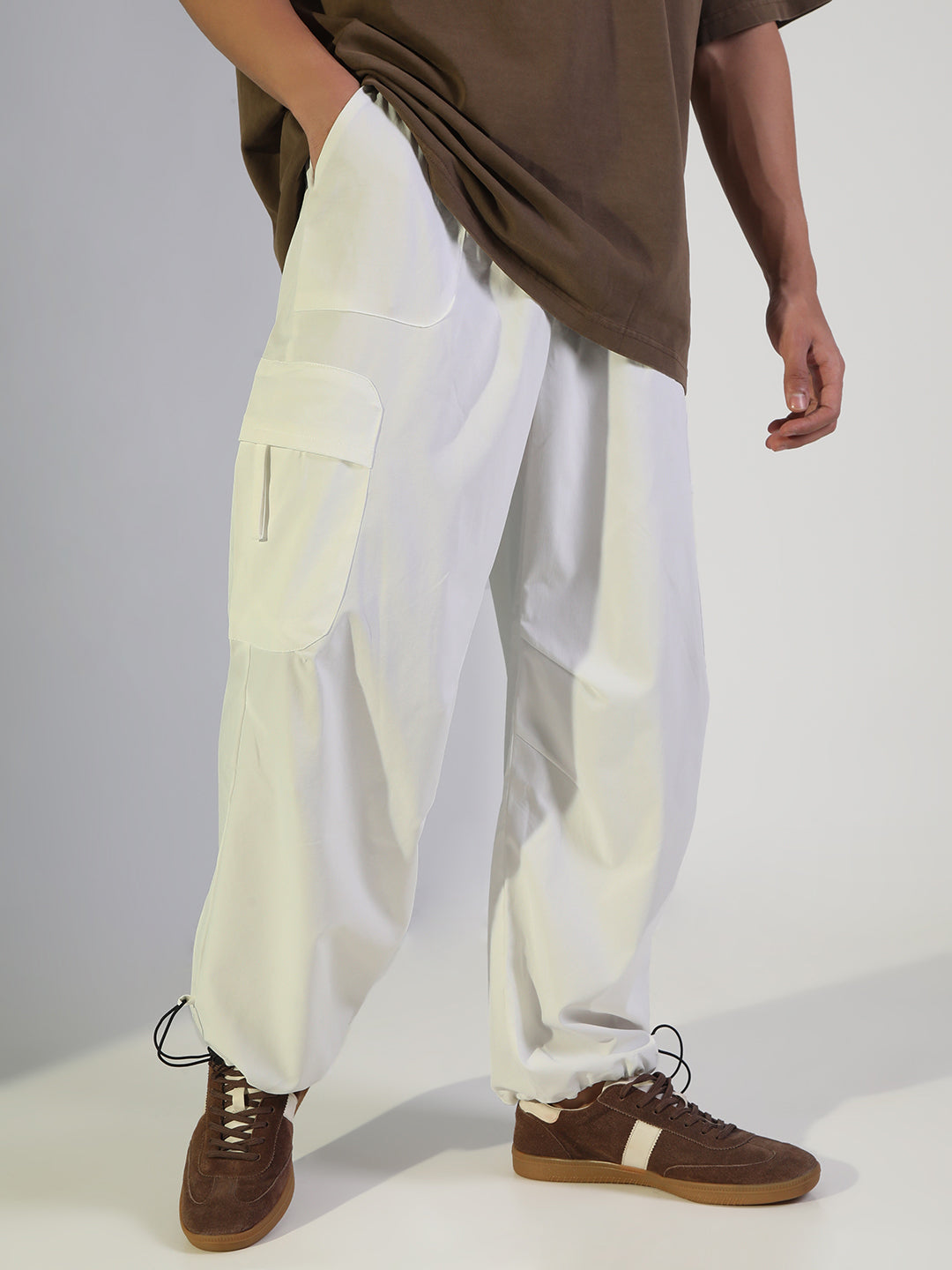 Men's White Relaxed Fit Cargo Trousers with Adjustable Toggle Hem