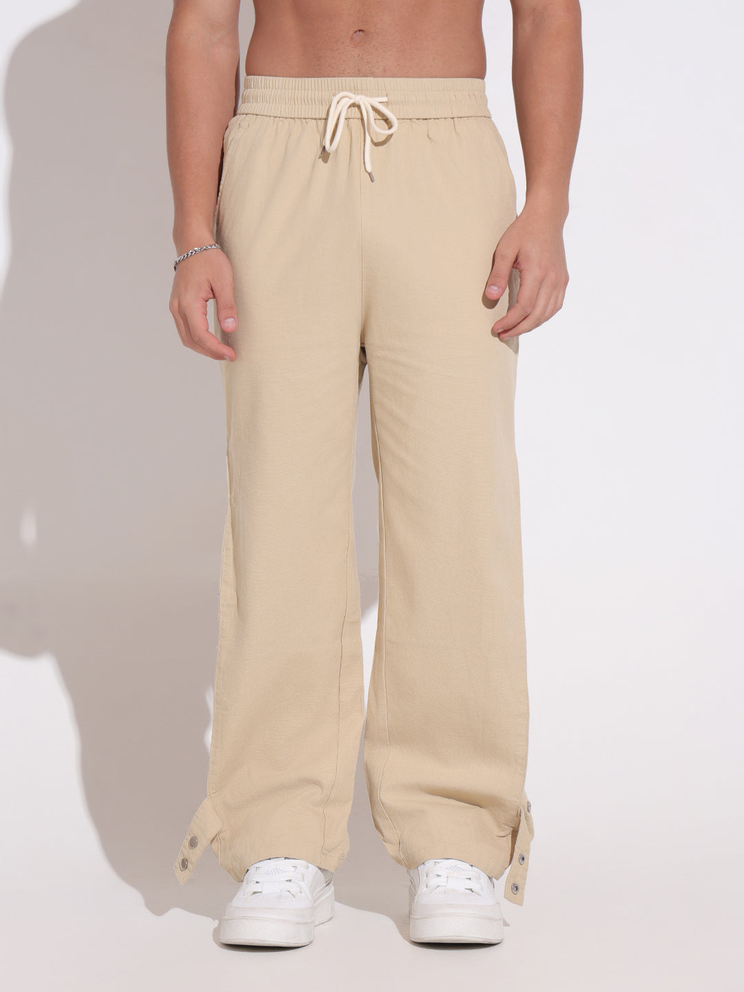 Men's Beige Relaxed Fit Trousers with Side Button Detail
