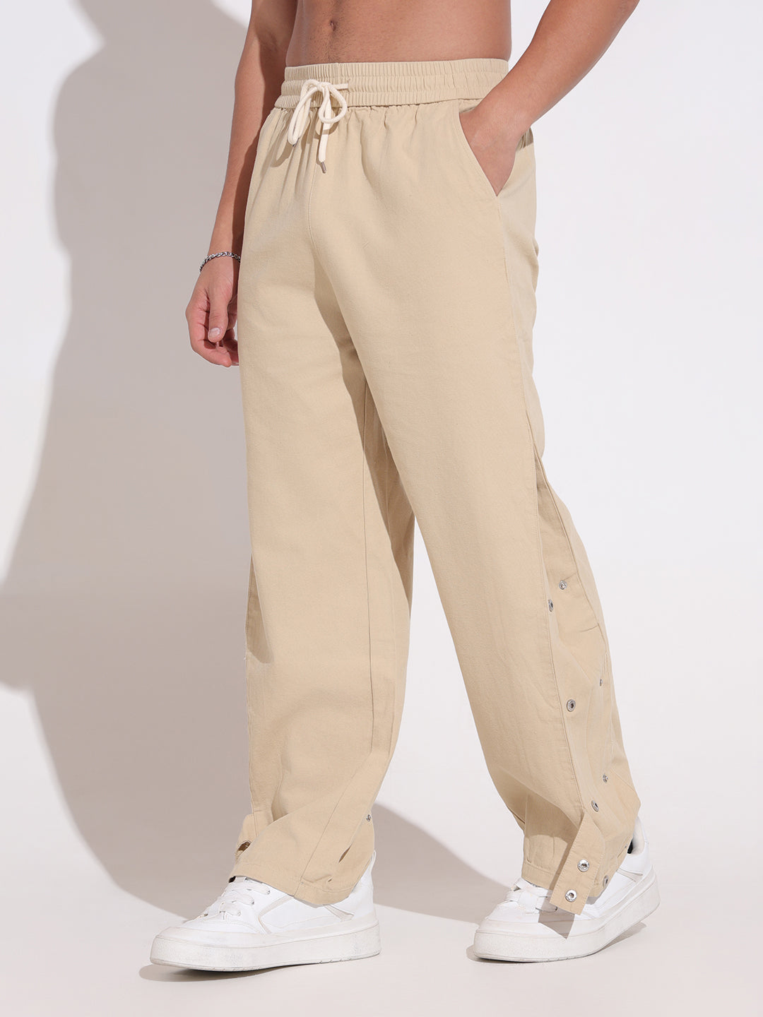 Men's Beige Relaxed Fit Trousers with Side Button Detail