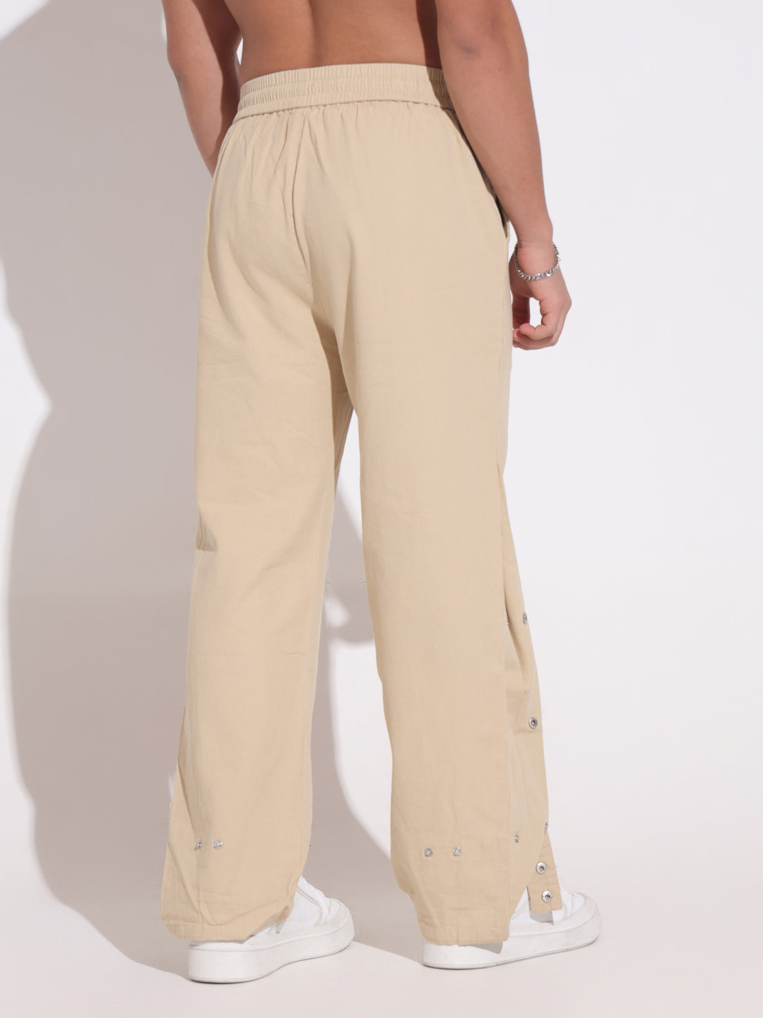 Men's Beige Relaxed Fit Trousers with Side Button Detail