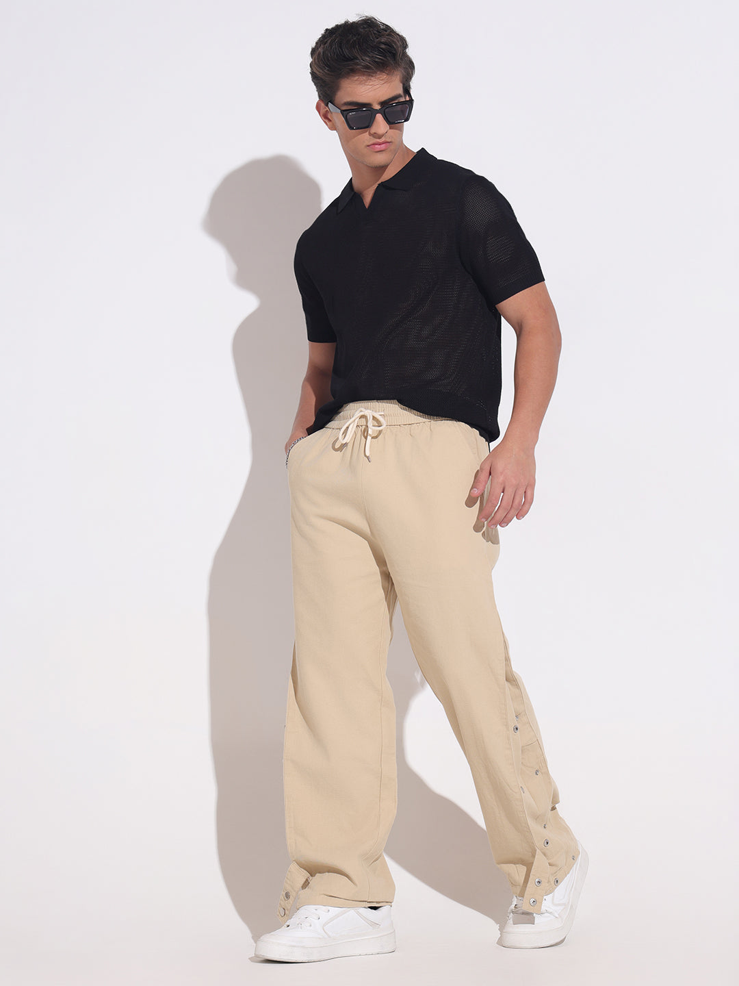 Men's Beige Relaxed Fit Trousers with Side Button Detail