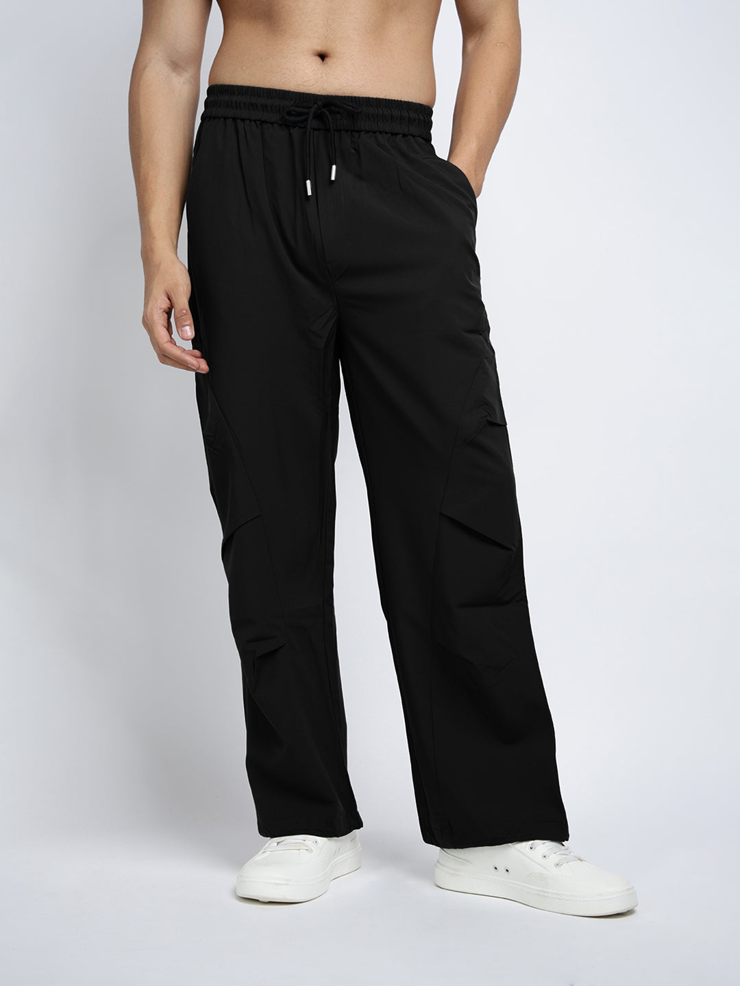 Men's Black Loose Fit Parachute Trousers with Side Stylized Pleats