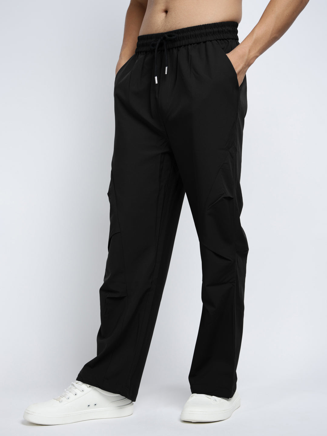 Men's Black Loose Fit Parachute Trousers with Side Stylized Pleats