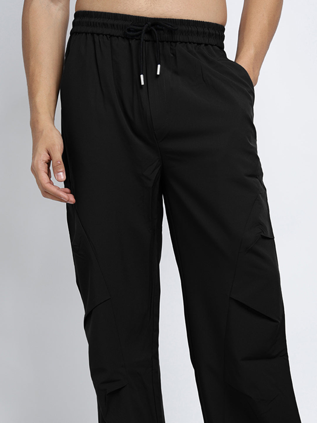Men's Black Loose Fit Parachute Trousers with Side Stylized Pleats