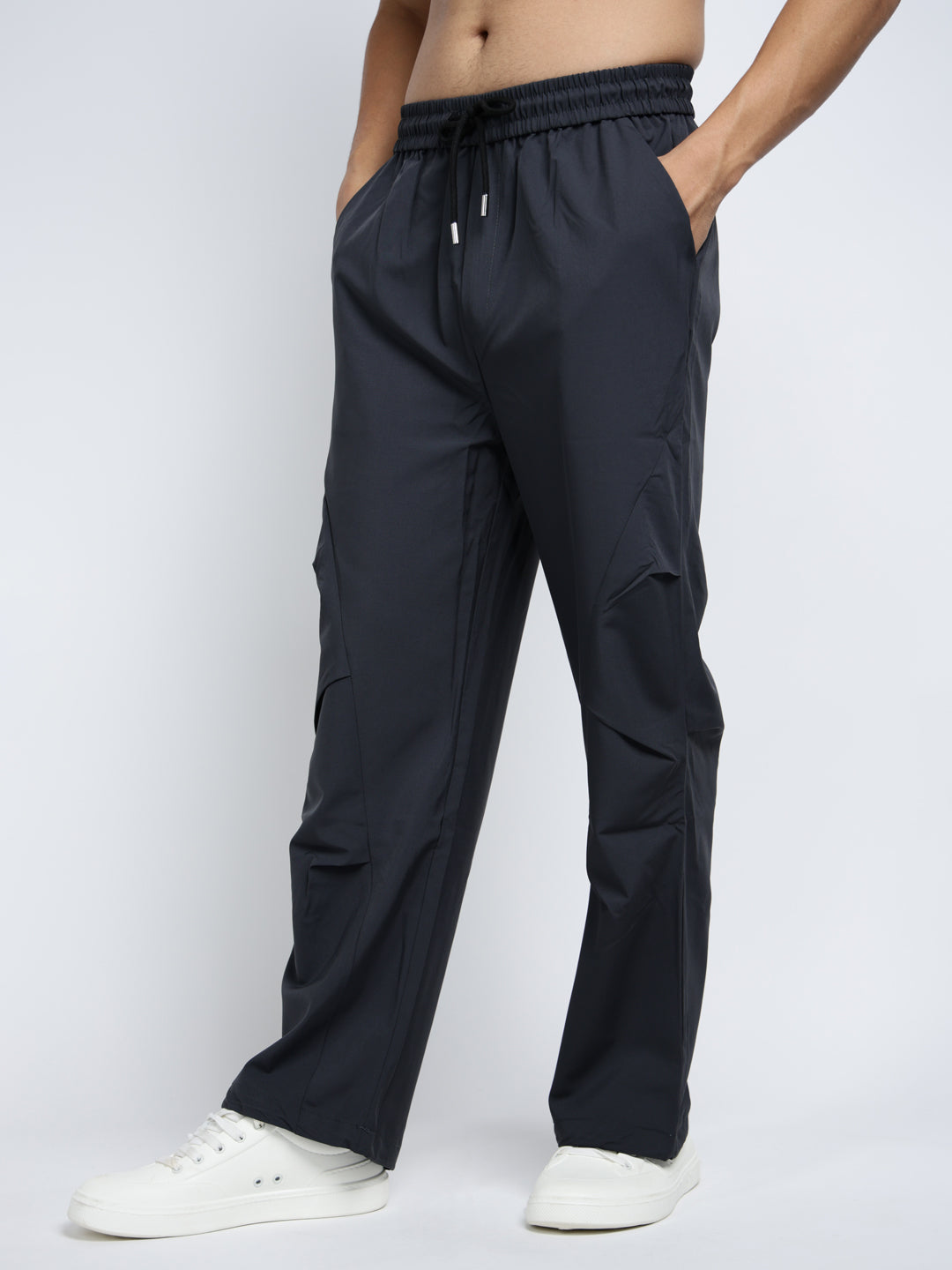 Men's Grey Loose Fit Parachute Trousers with Side Stylized Pleats