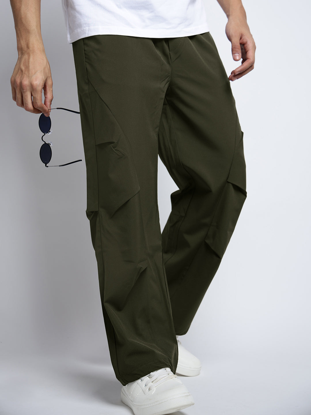 Men's Olive Loose Fit Parachute Trousers with Side Stylized Pleats