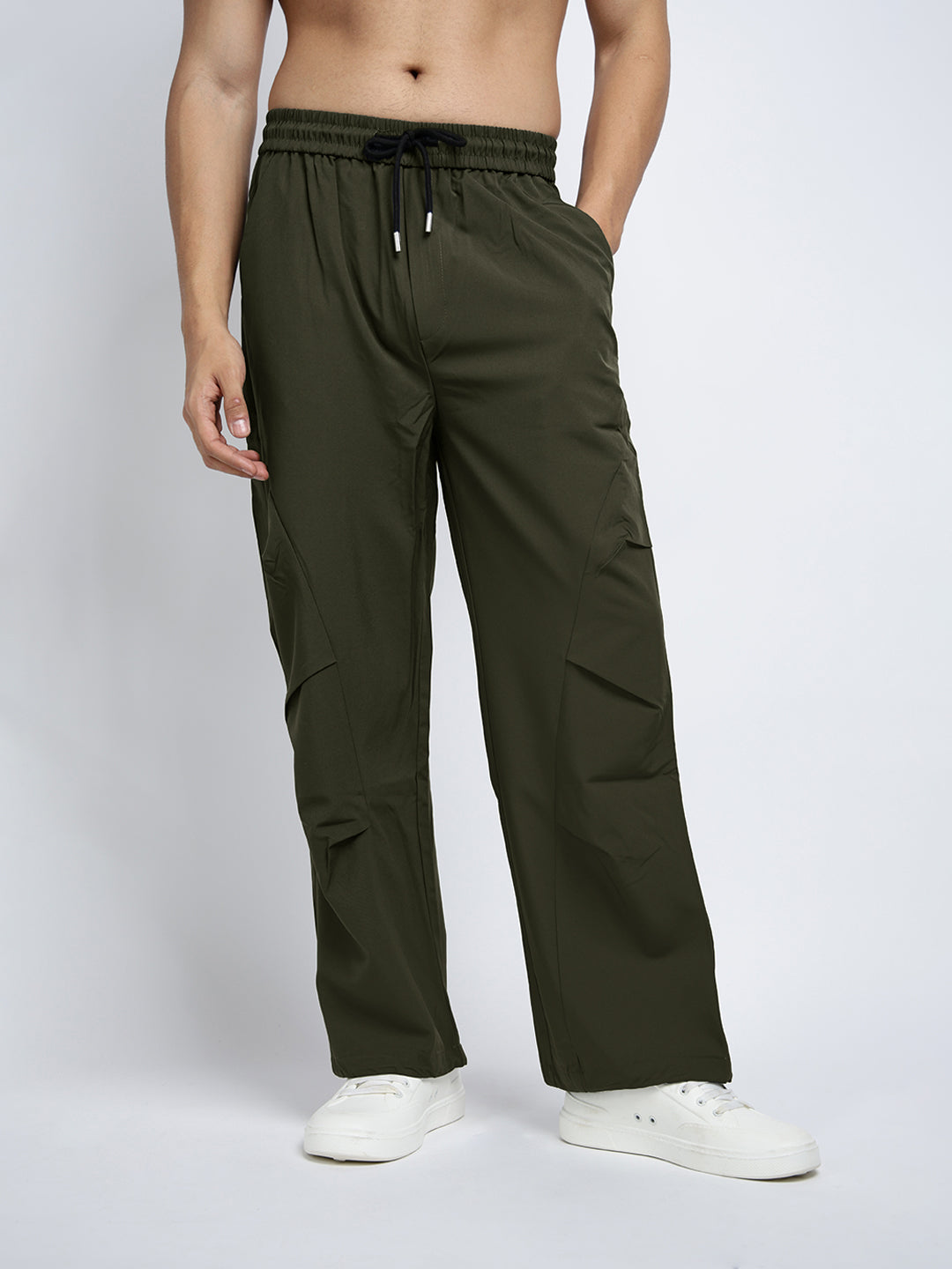 Men's Olive Loose Fit Parachute Trousers with Side Stylized Pleats
