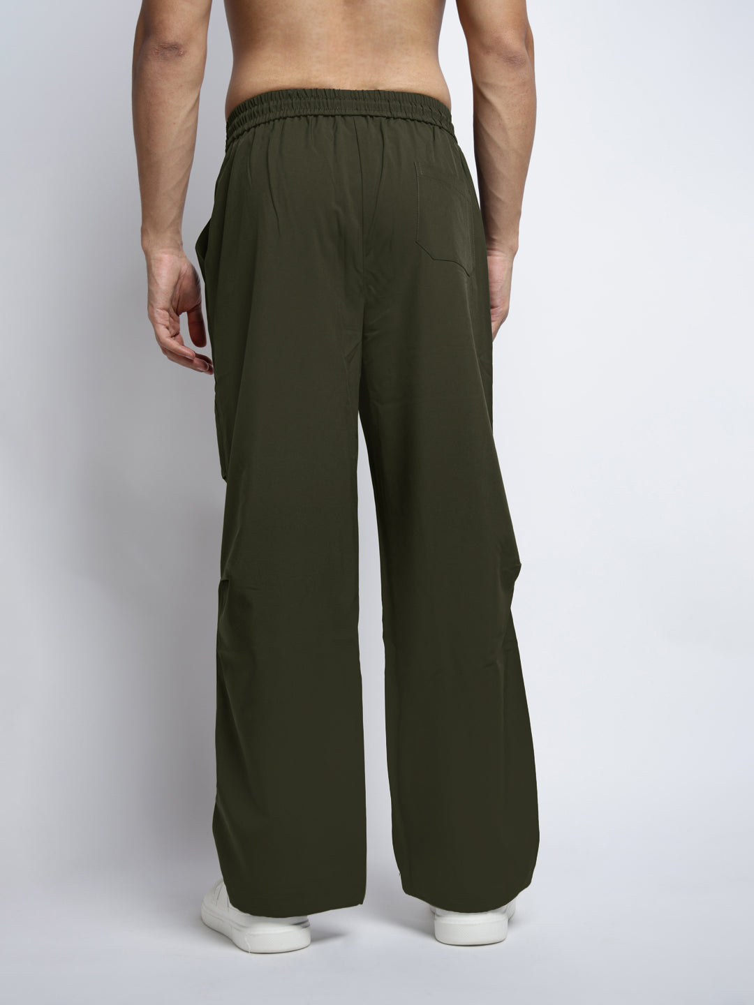 Men's Olive Loose Fit Parachute Trousers with Side Stylized Pleats