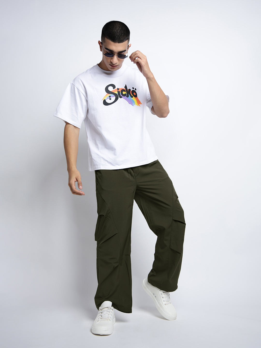 Men's Olive Loose Fit Parachute Trousers with Side Stylized Pleats