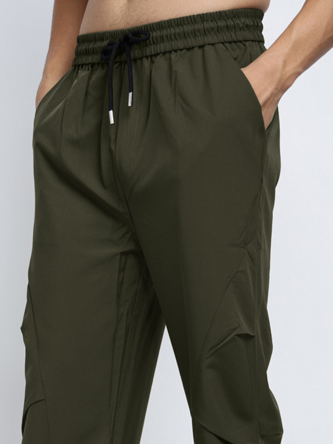 Men's Olive Loose Fit Parachute Trousers with Side Stylized Pleats